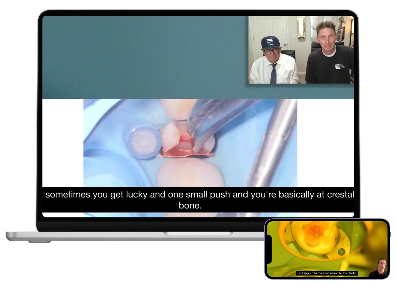 A Hybrid Layer lecture playing on a laptop with subtitles, and a lecture shown on an iPhone.